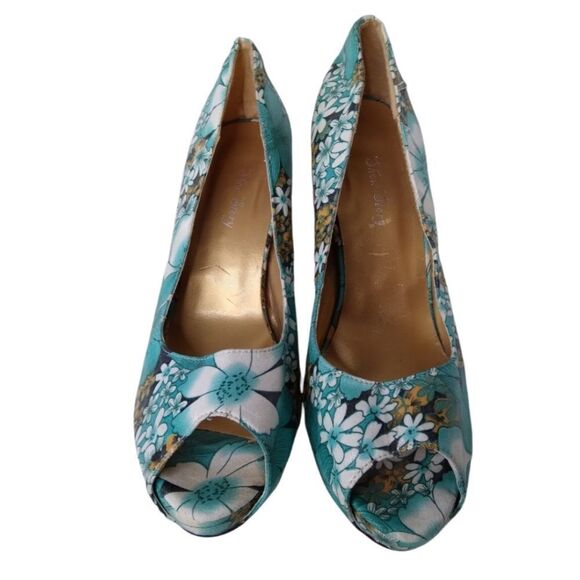 Show Story Platform Heels Teal Floral Open Toe Size 9.5 or EU41 - Picture 2 of 15